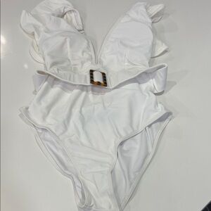 White One-Piece Swimsuit with Belt Detail